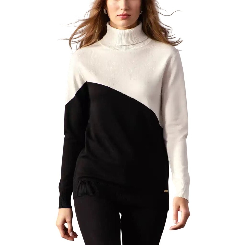 Calvin Klein Womens Black Cream Colorblock Turtleneck Sweater Logo Plat  L NWTe